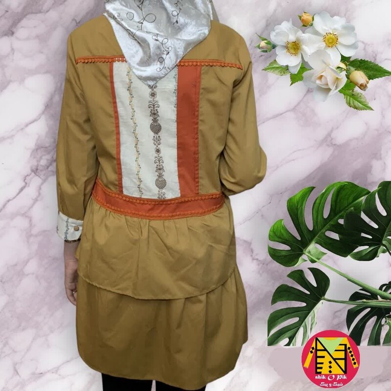 مانتو کوتاه نخ کتان خرج کار نواردوزی شده دوجیب زنانه
