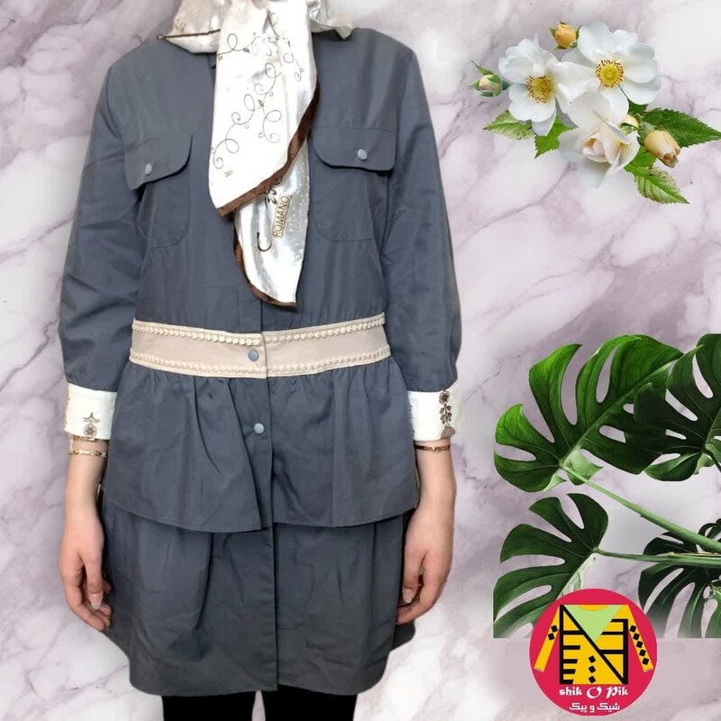 مانتو کوتاه نخ کتان خرج کار نواردوزی شده دوجیب زنانه