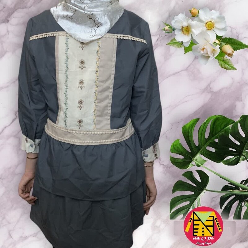 مانتو کوتاه نخ کتان خرج کار نواردوزی شده دوجیب زنانه