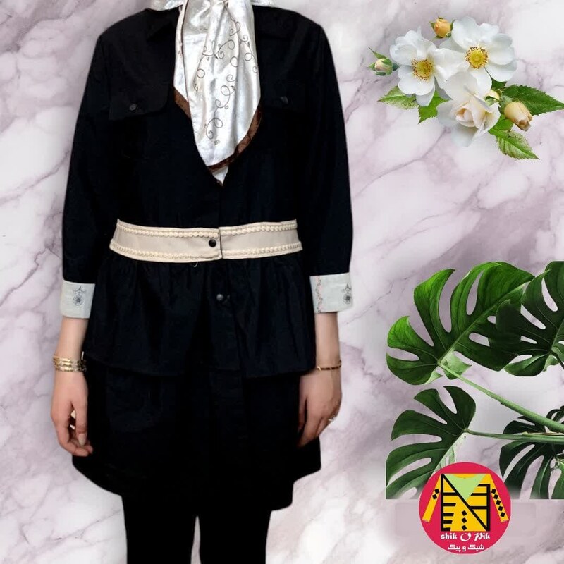 مانتو کوتاه نخ کتان خرج کار نواردوزی شده دوجیب زنانه