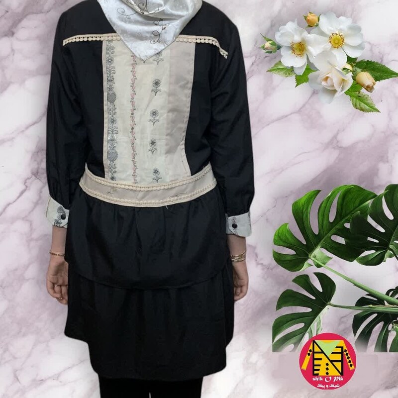 مانتو کوتاه نخ کتان خرج کار نواردوزی شده دوجیب زنانه