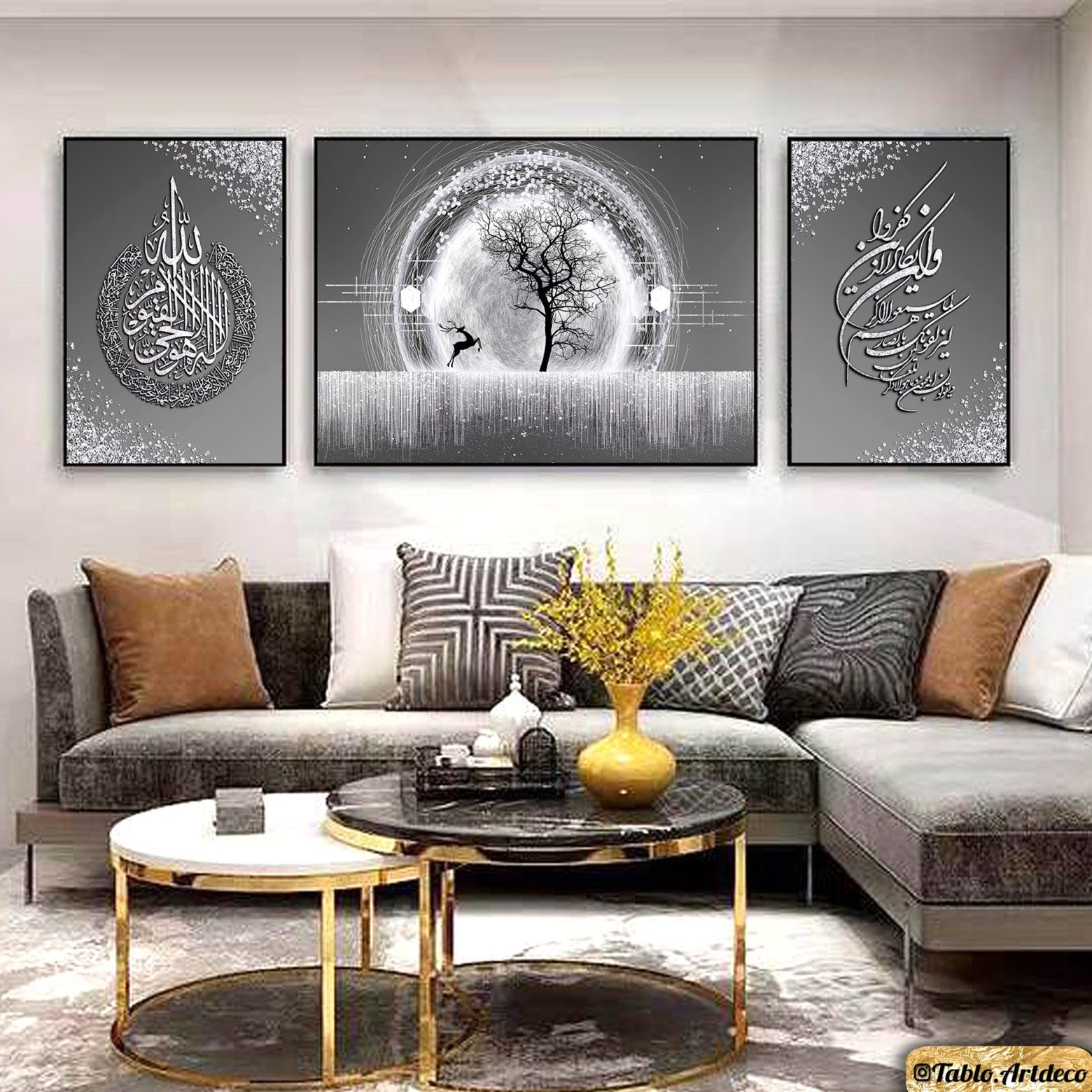 تابلو 3 تکه وان یکاد و آیت الکرسی طوسی نقره ای کد h1043